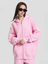 Plush Sports Loose Solid Color Zipper Hooded Sweatshirts&Hoodies Set