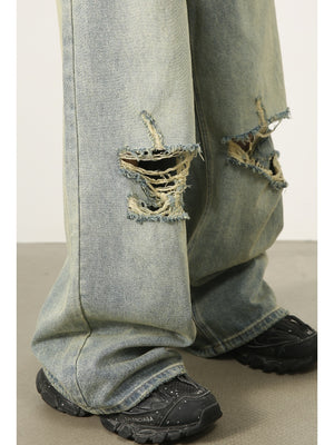 Hole Washed Distressed Loose-fit Wide-leg Jeans