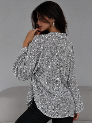 Stylish Sequined Long-sleeved Collared Casual Shirt