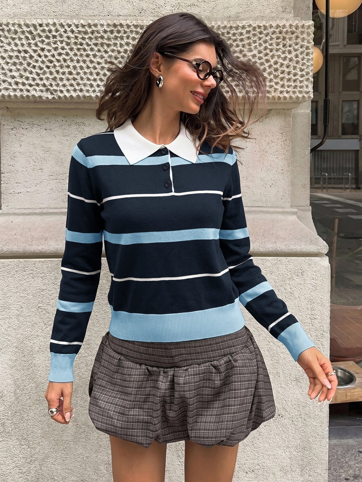 Preppy Style Striped Color-blocked Polo Collar Long-sleeved Fitted Sweater