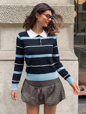 Preppy Style Striped Color-blocked Polo Collar Long-sleeved Fitted Sweater