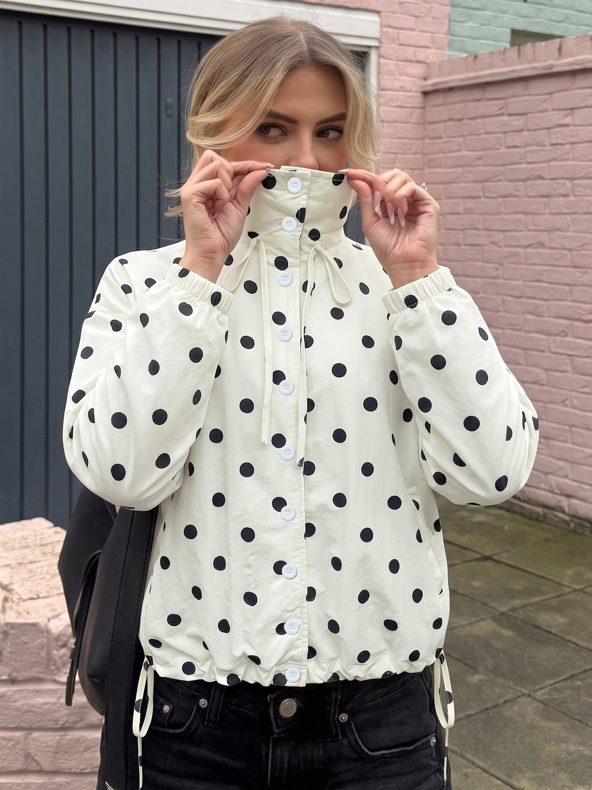 Stand-up Collar Drawstring Sweet And Cool Women's Color-blocked Polka Dot Jacket