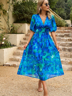Floral Short Sleeve V-neck Vacation And Leisure Maxi Dresses