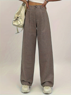Plaid Print Button Pleated High Waist Loose Straight Casual Plaid Pants