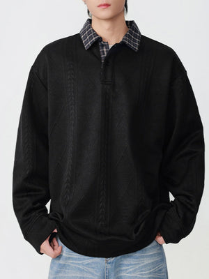 Knitted Jacquard Contrasting Colors Plaid Lapel Polo Shirt