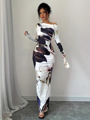 Milk Silk Printed Off-the-shoulder Long Dress