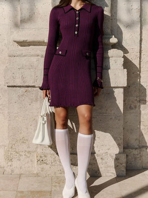 Spliced Chanel Style Long-sleeved Lapel Button-down Ruffled Knitted Mid-length Dress