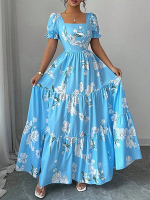 Square Neck Women's Clothing Flowers Maxi Dresses