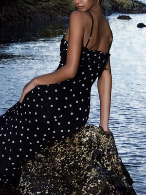 Polka Dots Spaghetti Strap Backless Bodycon Slimming Maxi Dresses