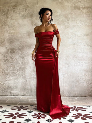 Off-the-shoulder Style With Slits Satin Sexy Backless Dinner Cocktail Party Wedding Long Dress