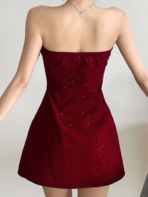 Robes courtes et mini à paillettes de Noël, dos nu, bustier, nœud et fermeture éclair