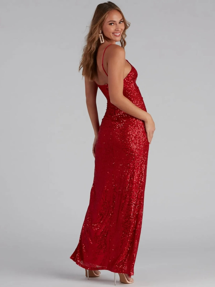 Sequins Slit Sexy Camisoles Formal Dress Maxi Dresses