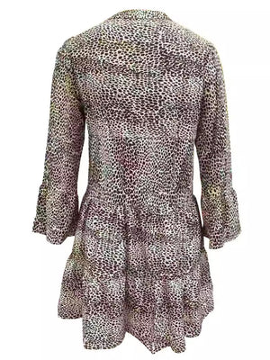 Leopard Print V-neck Long Sleeves Large Skirt Mini&Short Dresses