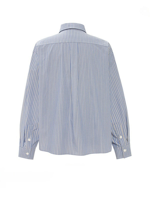 College Style Blue And White Stripes Loose Tie Long-sleeved Shirt