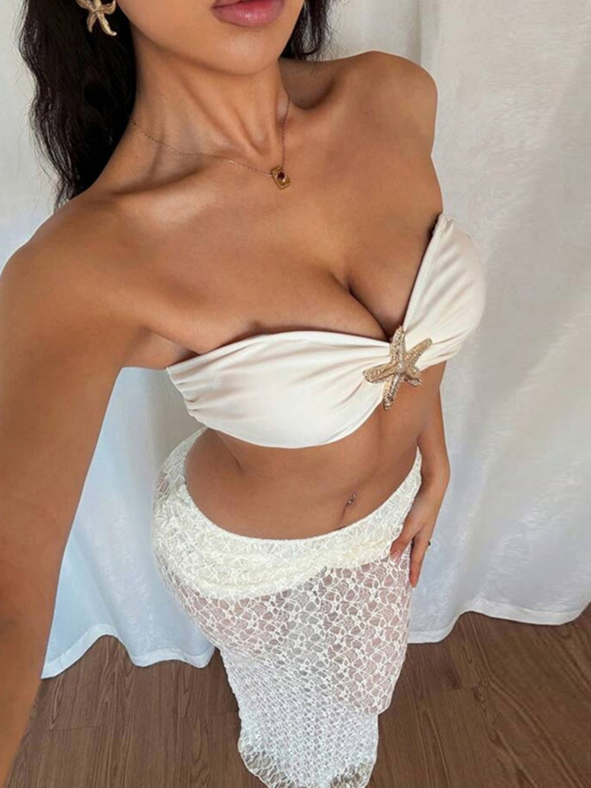 Lace Straps Pleated Navel Exposed Strapless Lace Maxi Dress 2-piece Sets