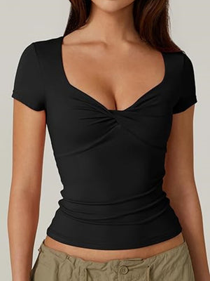 V-neck Knot Slimming And Waist-cinching Short-sleeved T-shirt