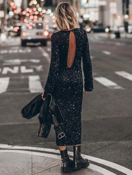 Sequins Long Sleeve Crew Neck Loose Maxi Dresses