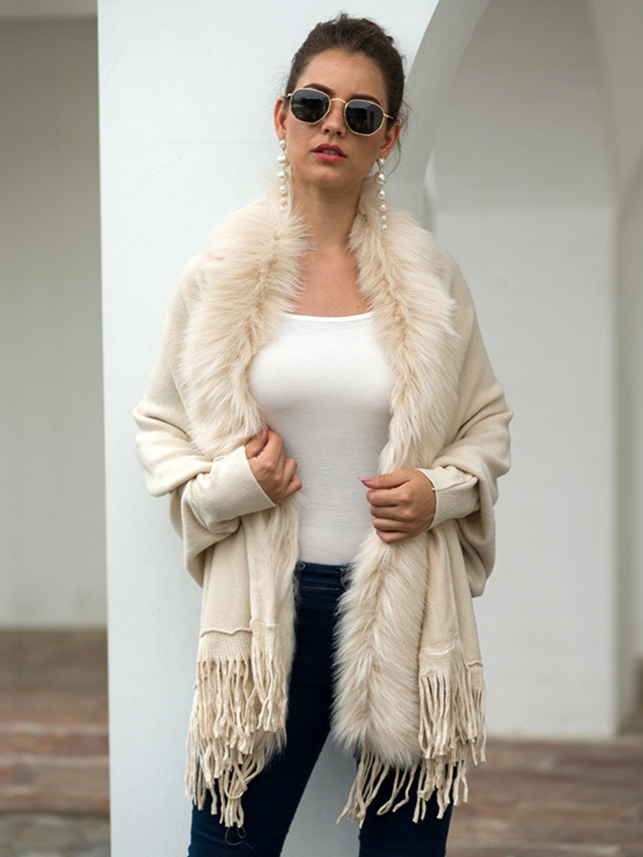 Apricot Tassel Fur Collar Solid Color Shawl Cardigans