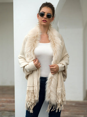 Apricot Tassel Fur Collar Solid Color Shawl Cardigans