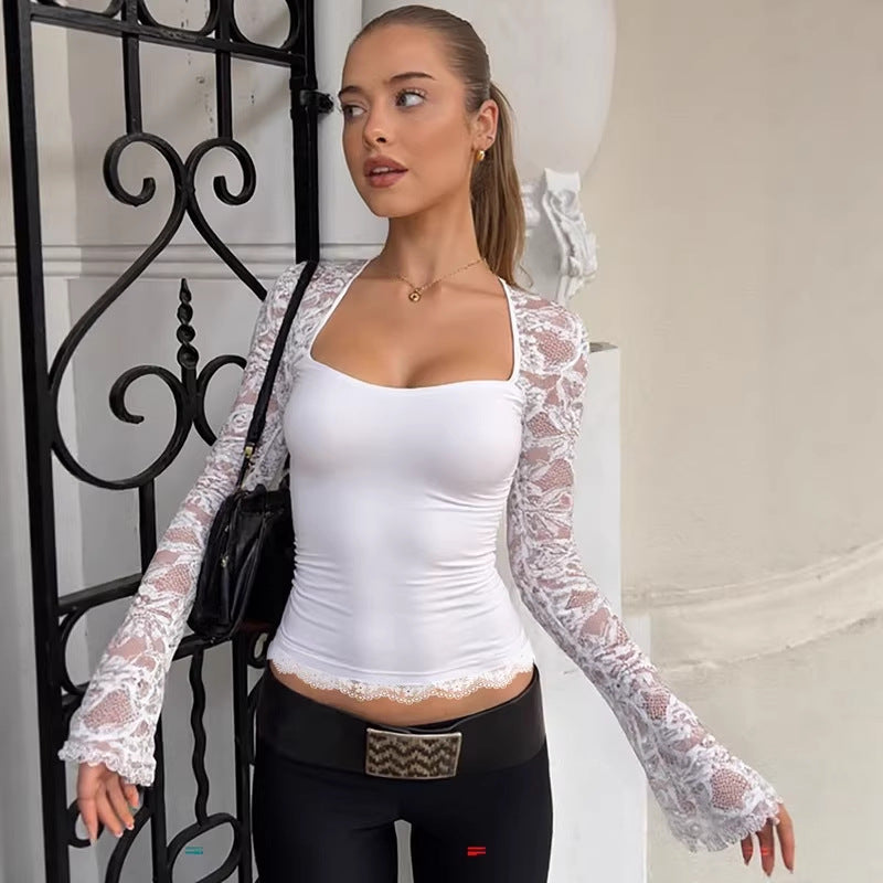Lace Patchwork Hollow Design Long-sleeved Waist-cinching Top