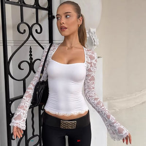 Lace Patchwork Hollow Design Long-sleeved Waist-cinching Top