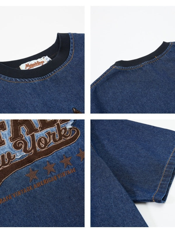 Star Embroidery Gradient Denim T-shirts