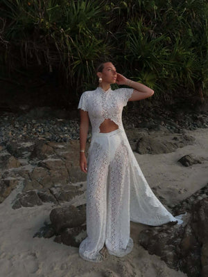 Lace Stand Collar Slit Shirts Wide-leg Pants Set 2-piece Sets