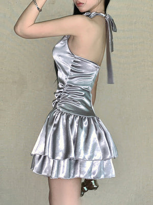 3D Flowers Glossy Hollow Out Halter-neck Sleeveless Mini&Short Dresses