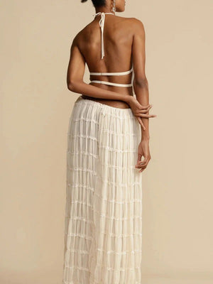 Pleated Sleeveless Backless Halter Neck Full Skirt 2-piece Sets