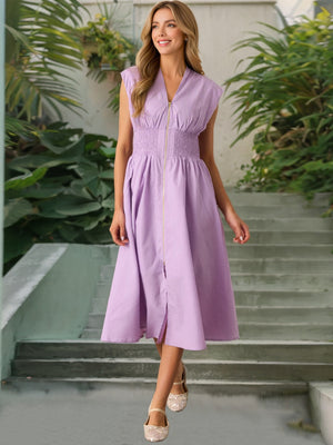 V-neck Zipper Opening Tucking And Waist-cinching Maxi Dresses