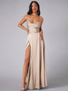 Backless Bandage Draped Collar Satin High Slit Bridesmaid Dresses Cocktail Party Maxi Dresses