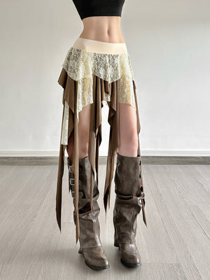 Lace Patchwork Irregular Tassels Color-blocked Short Skirt
