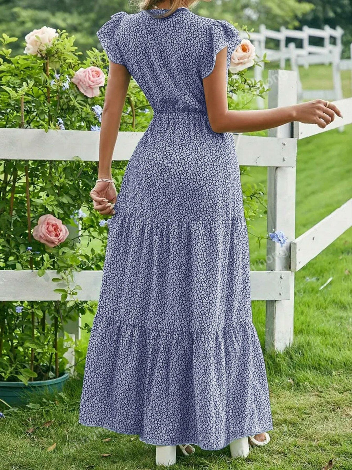 Floral Print V-neck Short Sleeve Maxi Dresses