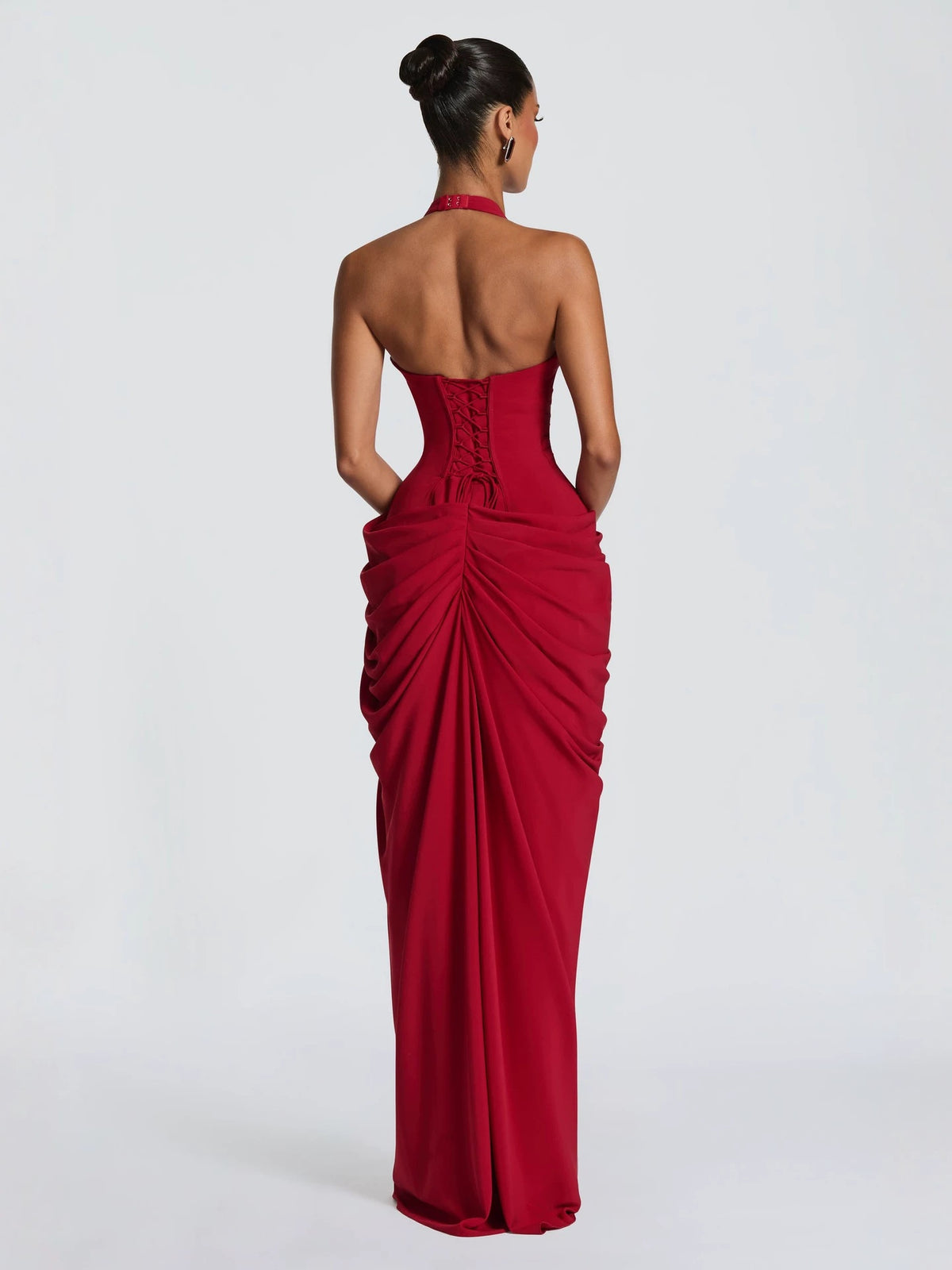Halter Neck Pleated High Slit Long Dress
