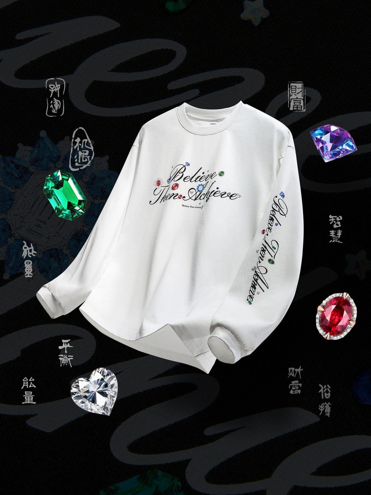 Crystal Lucky Alphabet Gem Print Long-sleeved T-shirt