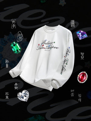 Crystal Lucky Alphabet Gem Print Long-sleeved T-shirt