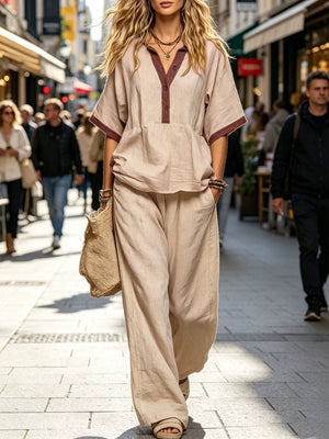 V-neck, Three-quarter Sleeve, Loose-fitting Solid Color Top With Elastic Waist And Loose Wide-leg Pants Two-piece Set