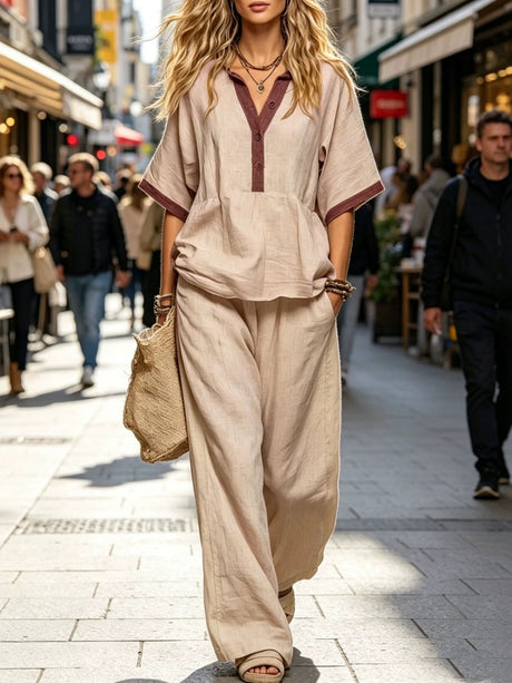 V-neck, Three-quarter Sleeve, Loose-fitting Solid Color Top With Elastic Waist And Loose Wide-leg Pants Two-piece Set
