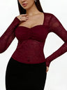 Lace See-through Square Neckline And Fitted Waist Long-sleeved T-shirt