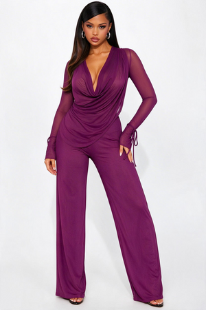 Mesh Halter Neck Tie Long-sleeved Top And Slim-fit Trousers Two-piece Set
