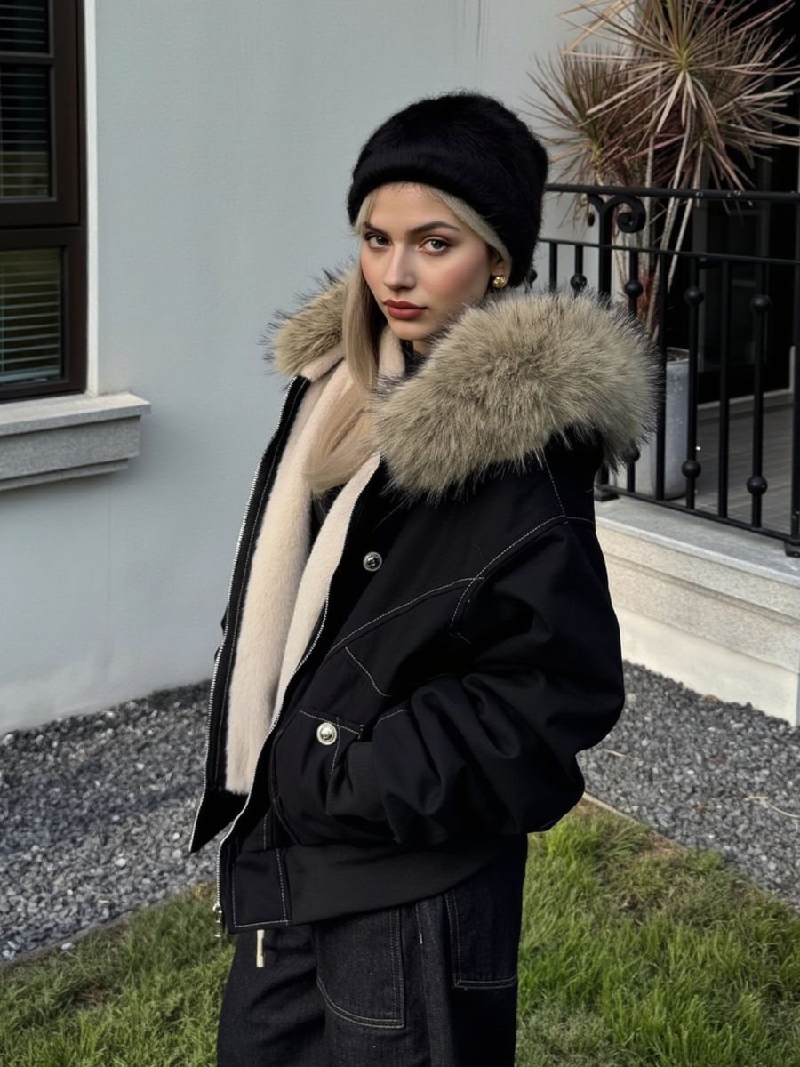 Jackets Fleece Lined With Fur Collar Hooded Short Contrasting Stitching Leisure Cotton Clothes