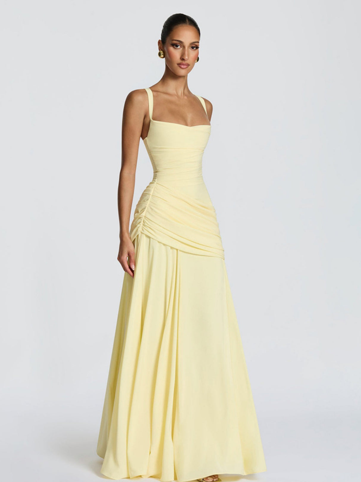 Pleated Waist-cinching And Backless Fish Tail Low-cut Halter Top Maxi Dresses