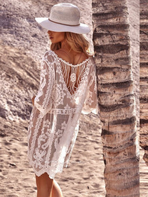 Hollow-out Lace Cover-up With Three-quarter Sleeves - Sexy Beachwear