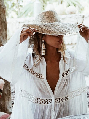 White Cotton Layered Lace-trimmed Shirt-style Flared Sleeve Beach Cover-up, Sun Protection Swimwear Jacket, Women's Cardigan