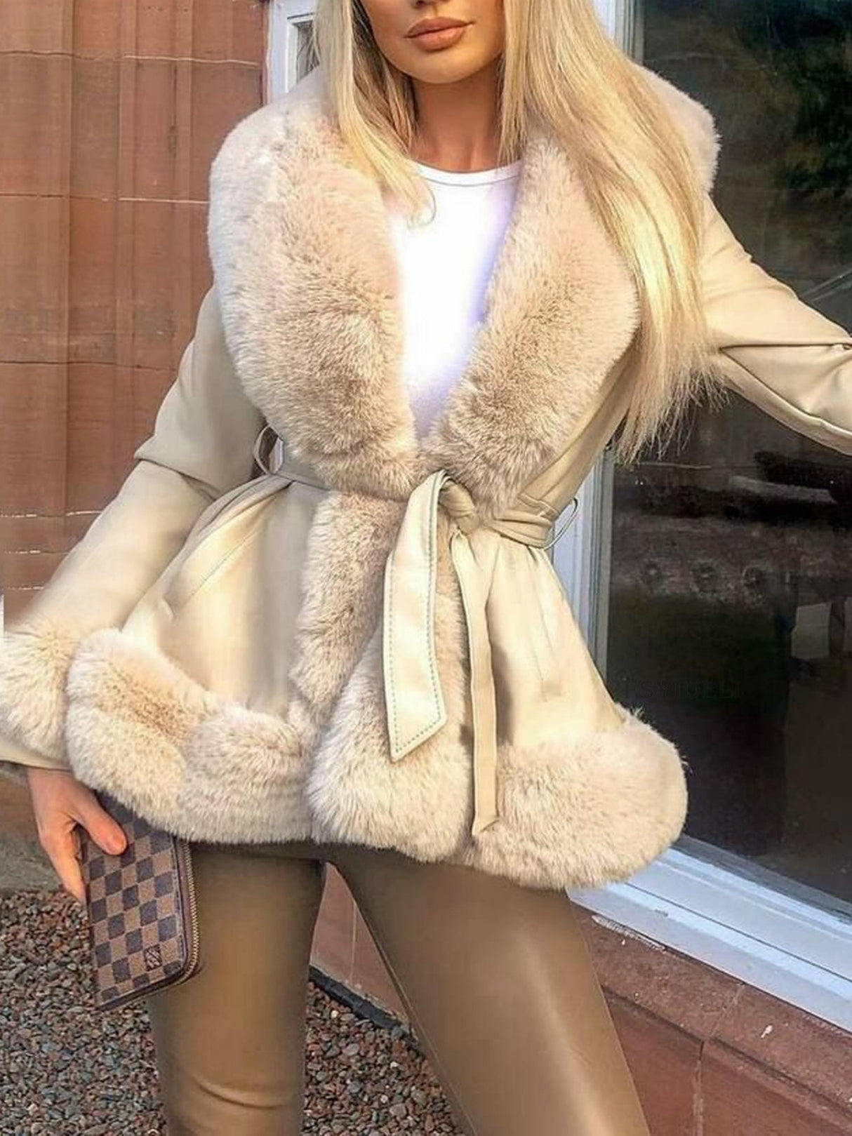 PU Leather Women's Leather Jacket With Large Fur Collar, Belted Waist, And Fitted Design; Long-sleeved Coat.