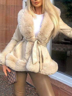 PU Leather Women's Leather Jacket With Large Fur Collar, Belted Waist, And Fitted Design; Long-sleeved Coat.