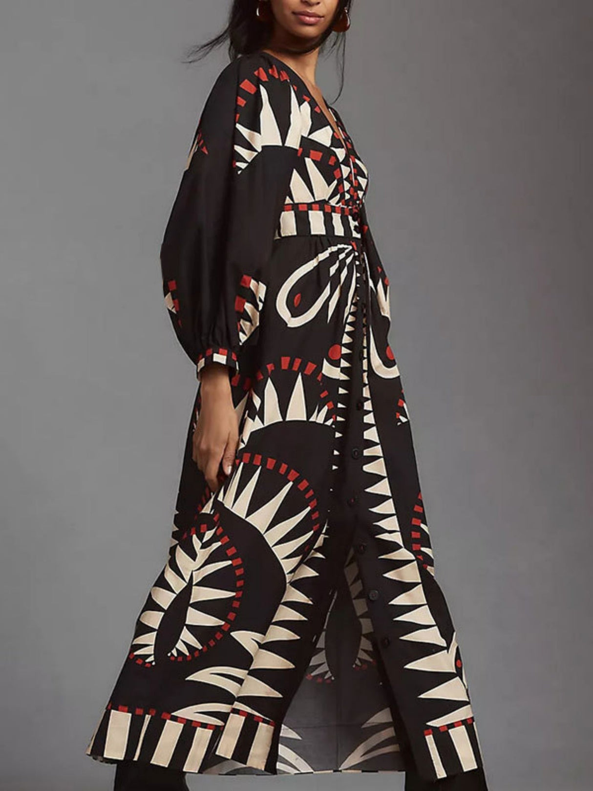 Floral Print Bohemia V-neck Lantern Sleeves Maxi Dresses