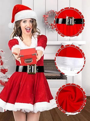 Christmas Velvet Dress Belt Striped Over-the-knee Socks Gloves Hats Santa Claus Party Costumes Multi-piece Sets