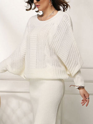 Knitting Crew Neck Loose Jacquard Long Sleeve Mini&Short Dresses