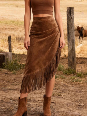 Imitation Suede Tassel Hem Irregular Mid-length Skirts
